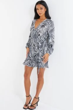 Petite Black Plisse Swirl Wrap Dress -Deals Clothifyr Store 00100036325 XS