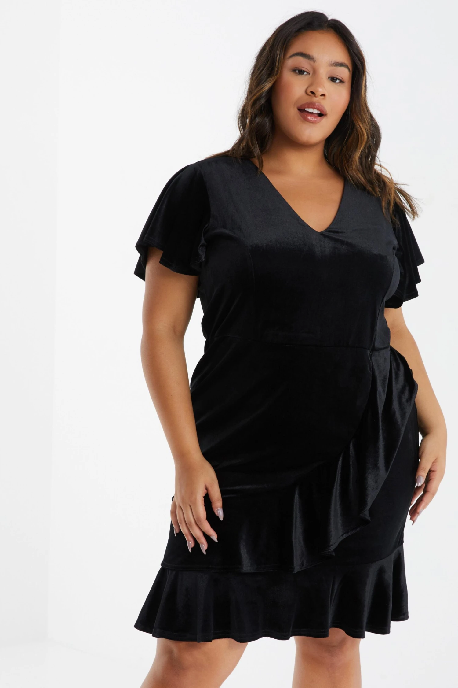 Curve Black Velvet Frill Dress 4 Curve Black Velvet Frill Dress - Image 2