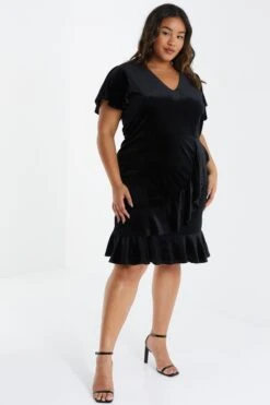 Curve Black Velvet Frill Dress 11 Curve Black Velvet Frill Dress -Deals Clothifyr Store 00100036328 XS