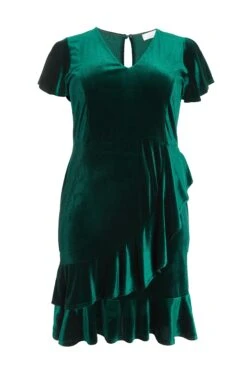 Curve Bottle Green Velvet Frill Dress