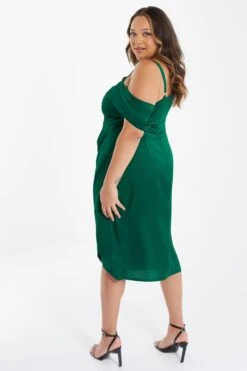 Curve Bottle Green Satin Ruched Midi Dress -Deals Clothifyr Store 00100036345 XB