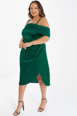 Curve Bottle Green Satin Ruched Midi Dress -Deals Clothifyr Store 00100036345 XS