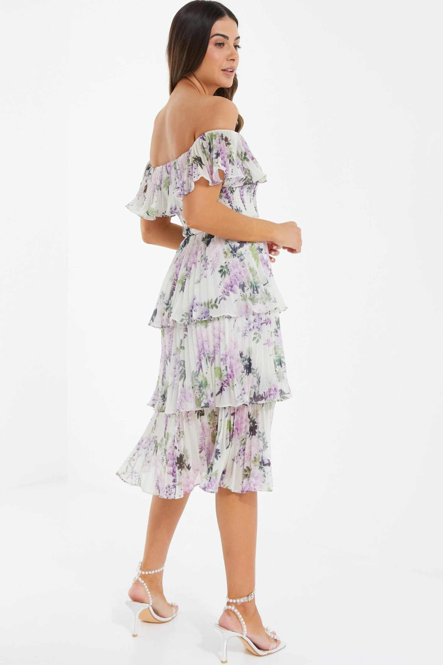 Petite White Chiffon Floral Bardot Midi Dress 5 Petite White Chiffon Floral Bardot Midi Dress - Image 3