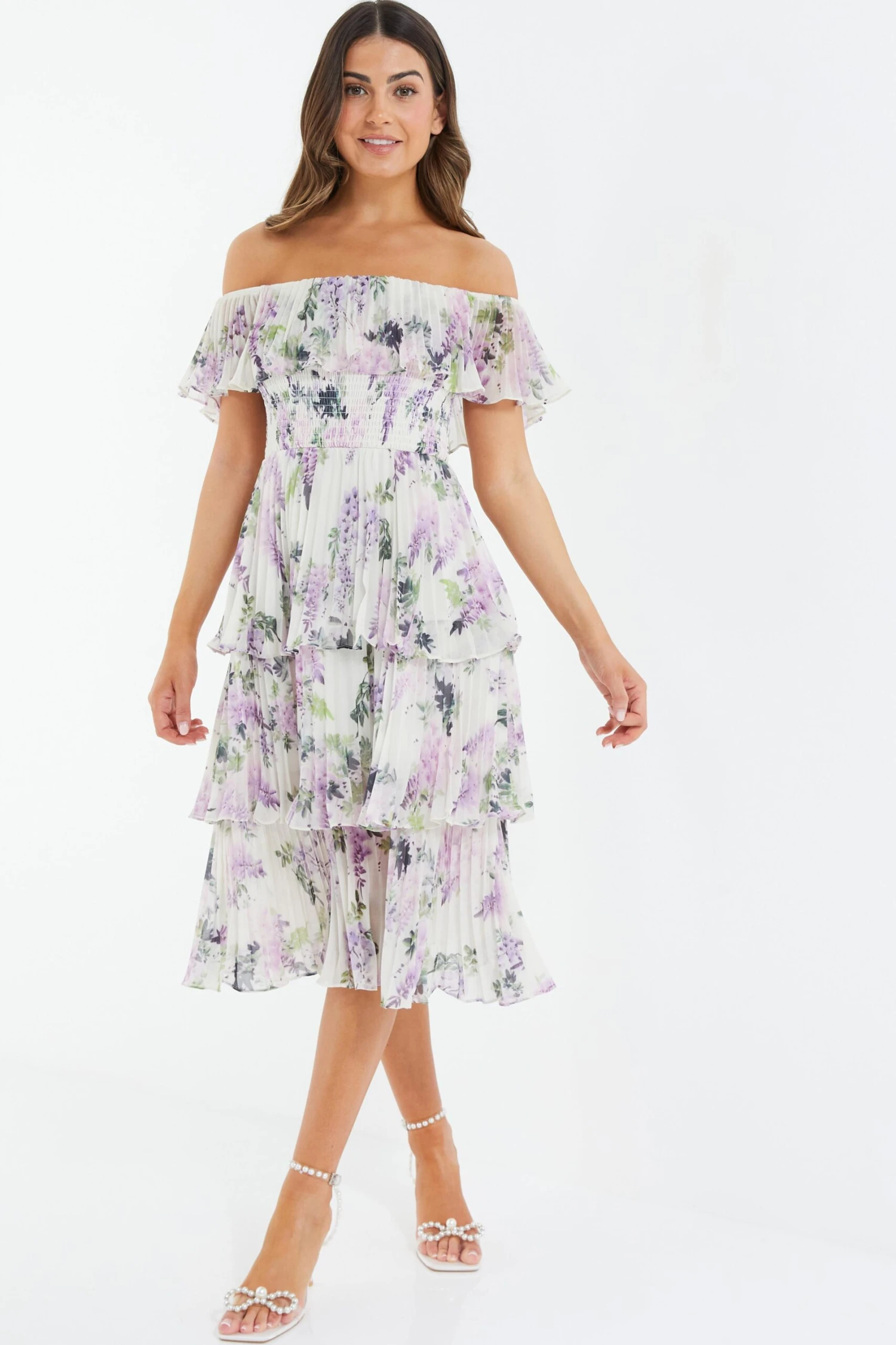 Petite White Chiffon Floral Bardot Midi Dress 4 Petite White Chiffon Floral Bardot Midi Dress - Image 2