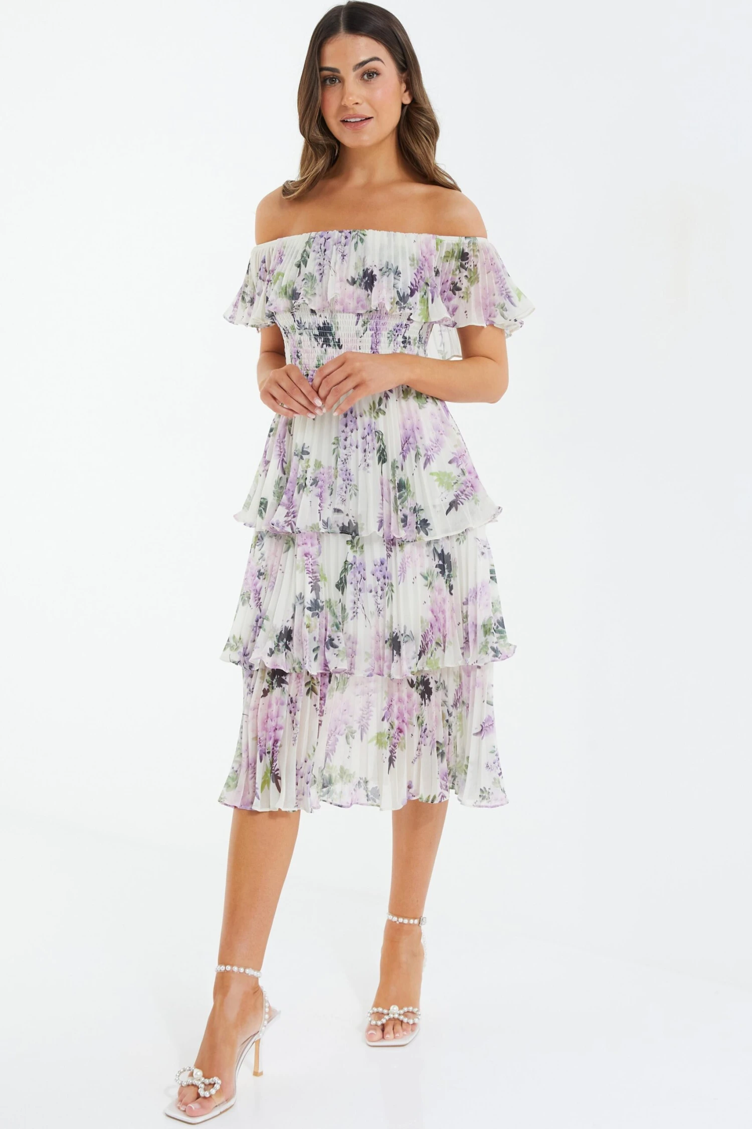 Petite White Chiffon Floral Bardot Midi Dress 6 Petite White Chiffon Floral Bardot Midi Dress - Image 4