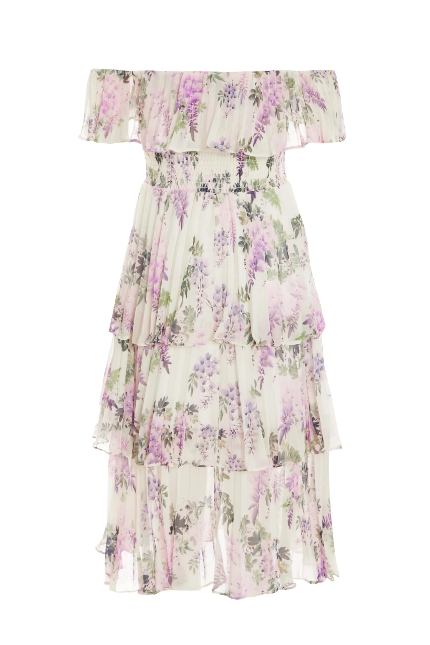 Petite White Chiffon Floral Bardot Midi Dress 7 Petite White Chiffon Floral Bardot Midi Dress - Image 5