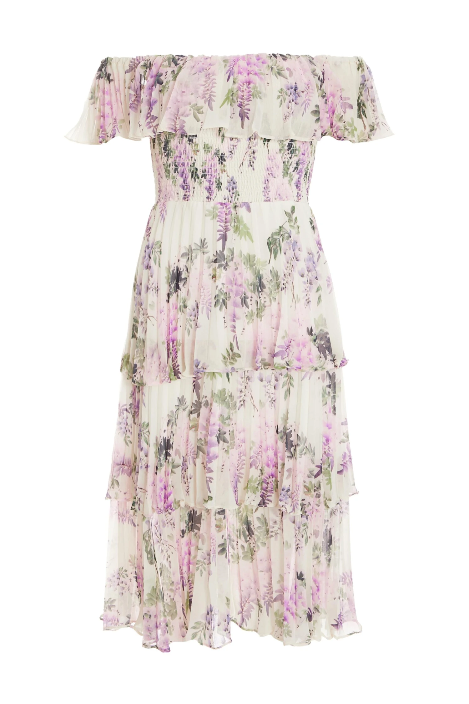 Petite White Chiffon Floral Bardot Midi Dress 3 Petite White Chiffon Floral Bardot Midi Dress