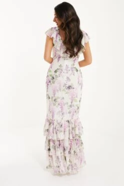 Petite White Chiffon Floral Frill Maxi Dress -Deals Clothifyr Store 00100036431 XB