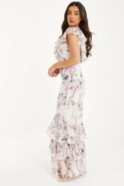 Petite White Chiffon Floral Frill Maxi Dress -Deals Clothifyr Store 00100036431 XS