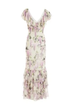 Petite White Chiffon Floral Frill Maxi Dress -Deals Clothifyr Store 00100036431 ZB