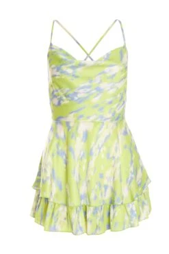 Petite Lime Marble Print Satin Frill Playsuit