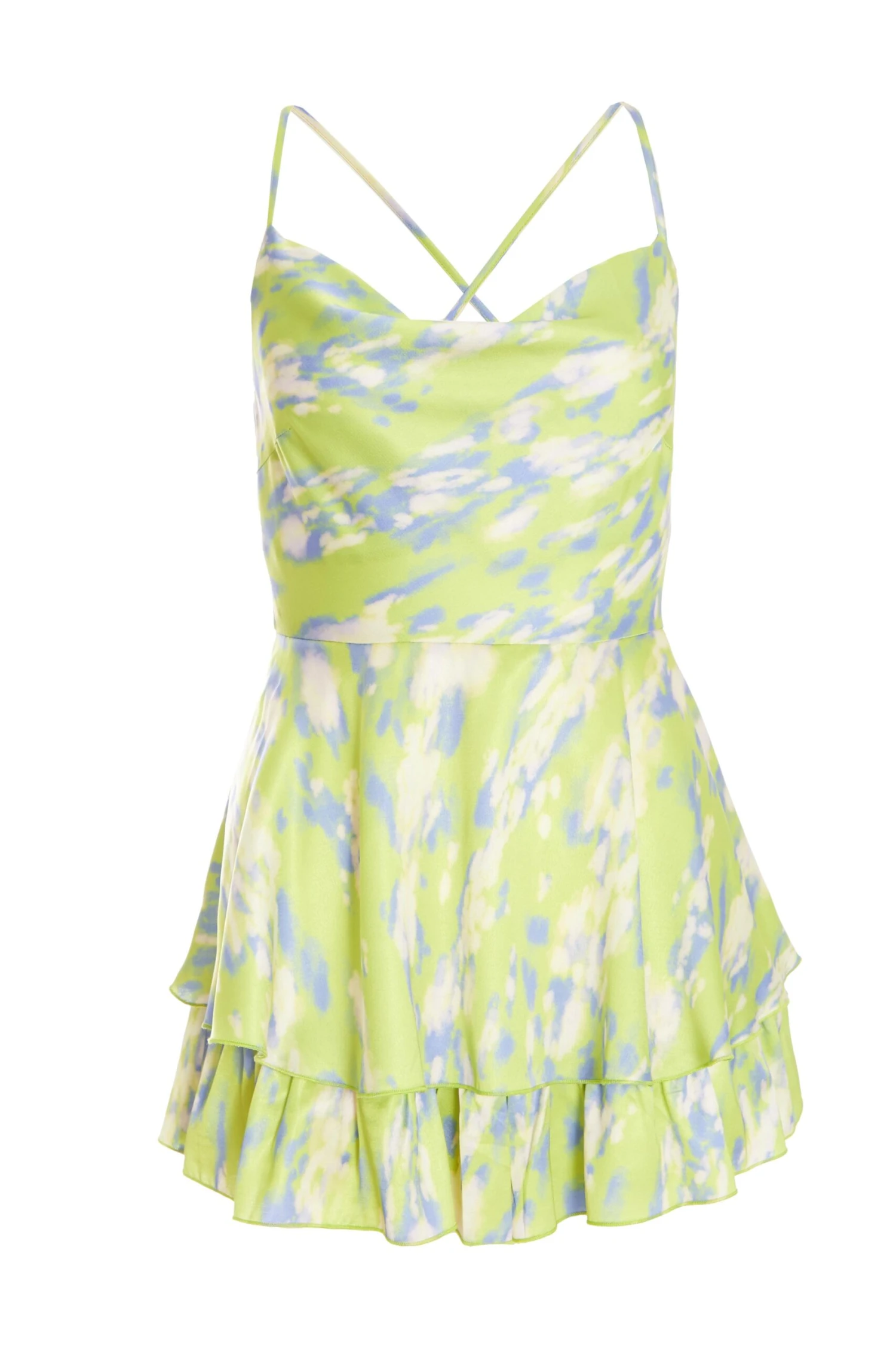 Petite Lime Marble Print Satin Frill Playsuit 3 Petite Lime Marble Print Satin Frill Playsuit