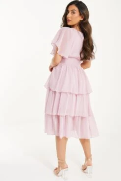 Petite Pink Chiffon Tiered Midi Dress -Deals Clothifyr Store 00100036469 XB