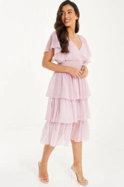 Petite Pink Chiffon Tiered Midi Dress -Deals Clothifyr Store 00100036469 XS