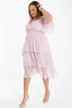 Curve Pink Chiffon Tiered Midi Dress -Deals Clothifyr Store 00100036472 XS