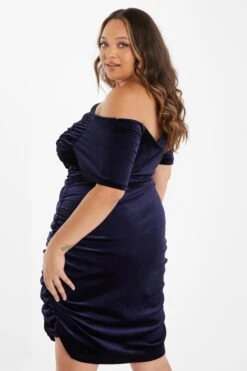 Curve Navy Velvet Ruched Midi Dress -Deals Clothifyr Store 00100036480 XB