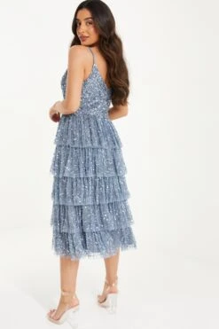 Petite Blue Sequin Tiered Midi Dress -Deals Clothifyr Store 00100036497 XB