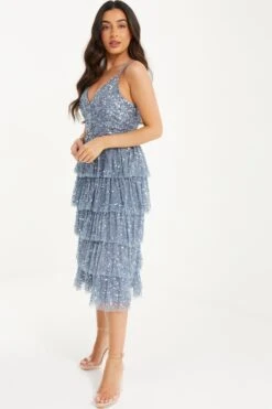 Petite Blue Sequin Tiered Midi Dress -Deals Clothifyr Store 00100036497 XS
