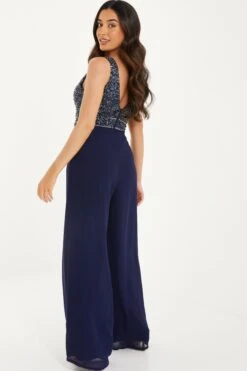 Petite Navy Sequin Wrap Palazzo Jumpsuit 10 Petite Navy Sequin Wrap Palazzo Jumpsuit -Deals Clothifyr Store 00100036498 XB