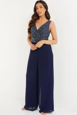 Petite Navy Sequin Wrap Palazzo Jumpsuit 11 Petite Navy Sequin Wrap Palazzo Jumpsuit -Deals Clothifyr Store 00100036498 XS