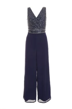 Petite Navy Sequin Wrap Palazzo Jumpsuit