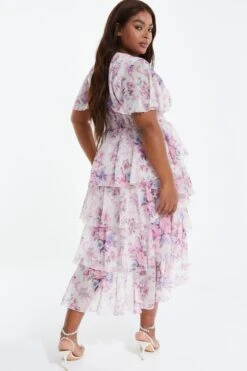 Curve Pink Chiffon Floral Dip Hem Tiered Midi Dress