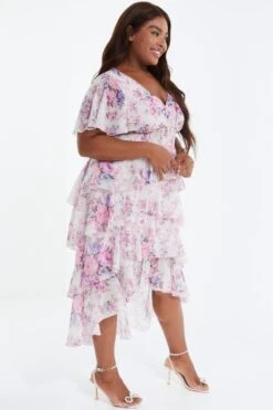 Curve Pink Chiffon Floral Dip Hem Tiered Midi Dress -Deals Clothifyr Store 00100036536 XS