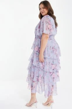 Curve Blue Chiffon Floral Dip Hem Tiered Midi Dress -Deals Clothifyr Store 00100036537 XB