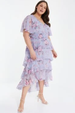 Curve Blue Chiffon Floral Dip Hem Tiered Midi Dress -Deals Clothifyr Store 00100036537 XS