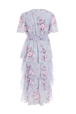 Curve Blue Chiffon Floral Dip Hem Tiered Midi Dress -Deals Clothifyr Store 00100036537 ZB