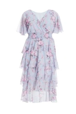 Curve Blue Chiffon Floral Dip Hem Tiered Midi Dress