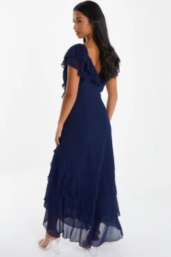 Petite Navy Chiffon Frill Maxi Dress -Deals Clothifyr Store 00100036541 XB