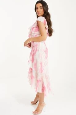 Petite Pink Brush Stroke Frill Midaxi Dress -Deals Clothifyr Store 00100036543 XS