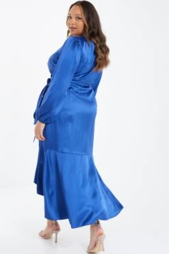 Curve Blue Satin Wrap Midi Dress -Deals Clothifyr Store 00100036546 XB