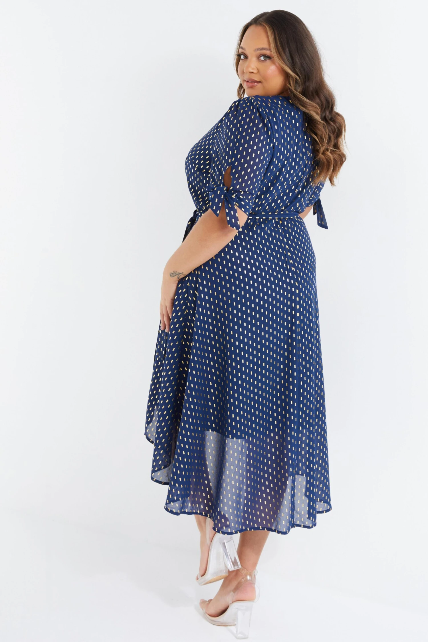 Curve Navy Chiffon Metallic Wrap Dress 5 Curve Navy Chiffon Metallic Wrap Dress - Image 3