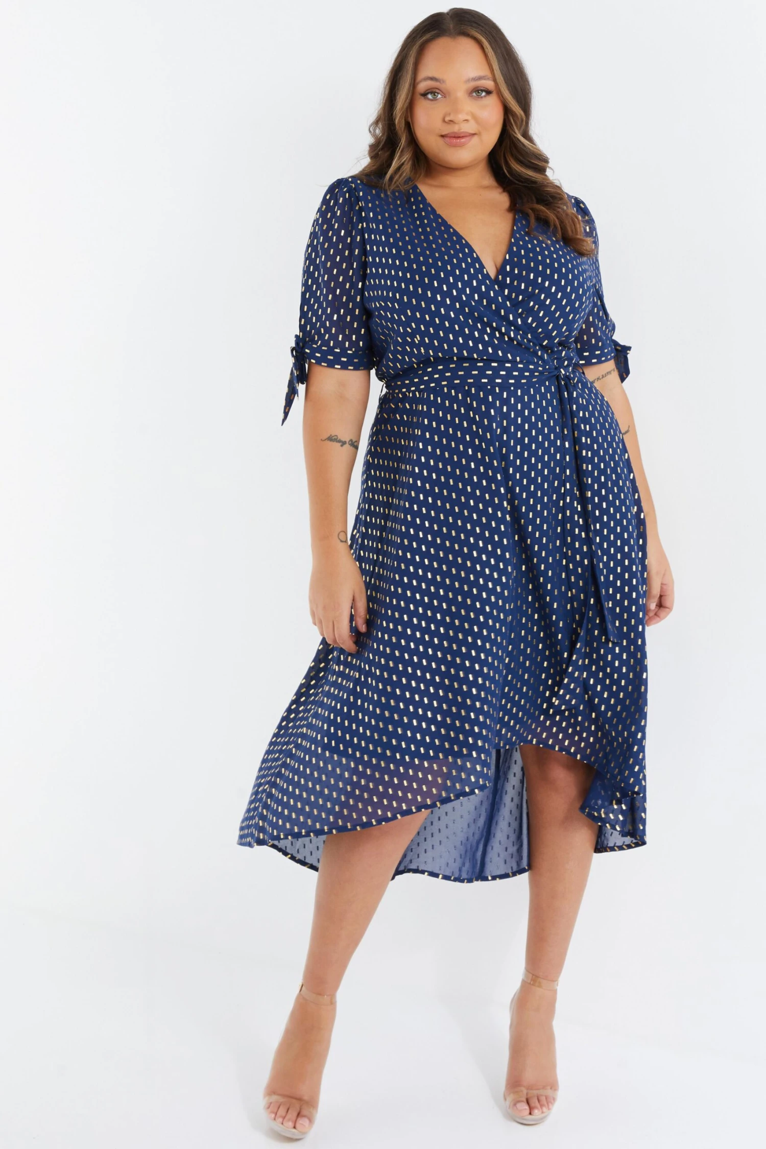 Curve Navy Chiffon Metallic Wrap Dress 4 Curve Navy Chiffon Metallic Wrap Dress - Image 2
