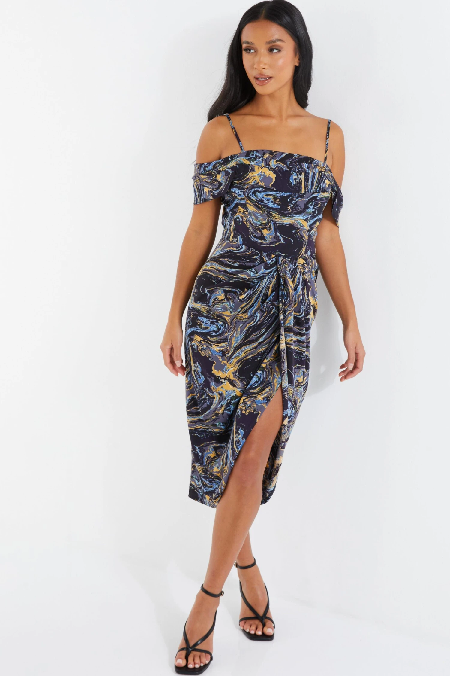 Petite Gold Marble Print Cold Shoulder Midi Dress 4 Petite Gold Marble Print Cold Shoulder Midi Dress - Image 2