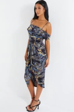 Petite Gold Marble Print Cold Shoulder Midi Dress 11 Petite Gold Marble Print Cold Shoulder Midi Dress -Deals Clothifyr Store 00100036808 XS