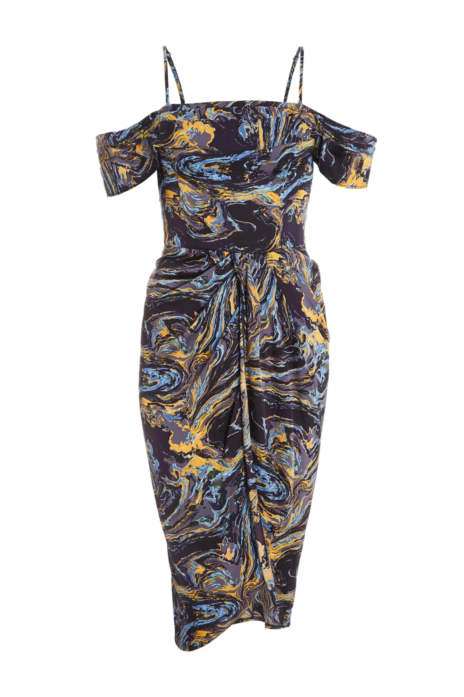 Petite Gold Marble Print Cold Shoulder Midi Dress 3 Petite Gold Marble Print Cold Shoulder Midi Dress