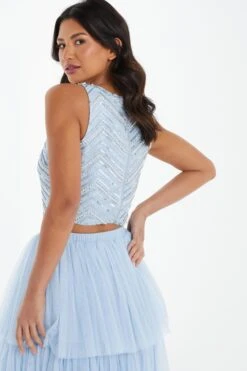 Blue Beaded Crop Top -Deals Clothifyr Store 00100036839 XB