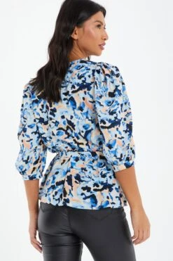 Blue Smudge Print Peplum Top -Deals Clothifyr Store 00100036845 XB