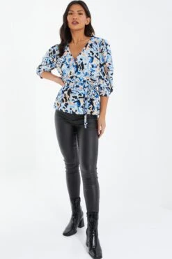 Blue Smudge Print Peplum Top -Deals Clothifyr Store 00100036845 XS