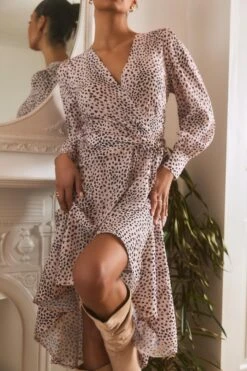 Pink Satin Animal Print Midi Dress