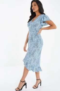 Blue Animal Print Frill Sleeve Midi Dress -Deals Clothifyr Store 00100036864 XS
