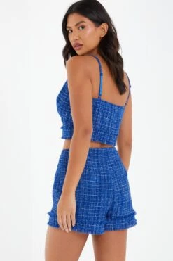 Royal Blue Checked Boucle Crop Top -Deals Clothifyr Store 00100036877 XB