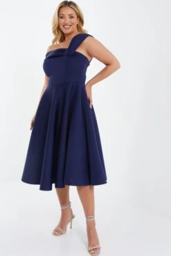 Curve Navy One Shoulder Midi Skater Dress -Deals Clothifyr Store 00100036949 XS