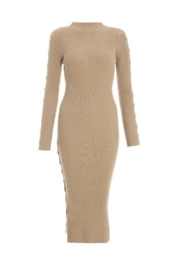 Stone Knitted Button Turtle Neck Midi Dress
