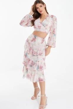 Light Pink Chiffon Floral Crop Top -Deals Clothifyr Store 00100037024 XS