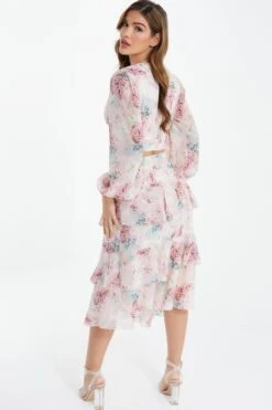 Light Pink Chiffon Floral Tiered Midi Skirt -Deals Clothifyr Store 00100037025 XB
