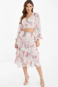 Light Pink Chiffon Floral Tiered Midi Skirt -Deals Clothifyr Store 00100037025 XS